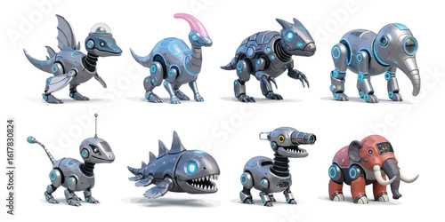 Glowing robotic dino-like creatures with neon eyes and steel skin floating on clean surface, unique cute 3D figures spaced apart in horizontal rows