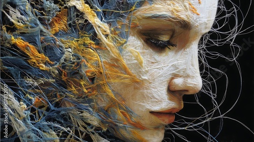 conceptual art of souls entangled by emotions and dreams, delicate faces fading into flowing colors, threads of fate interweaving between beings, 