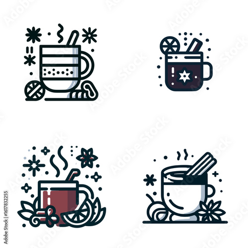 Mulled wine cups with spices and fruits in festive design  