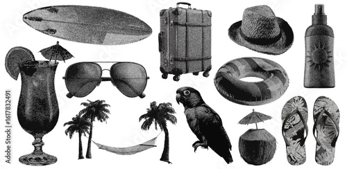 Set of summer vacation halftone grunge vector design elements