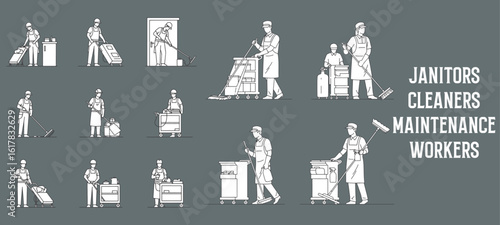 Minimal Line Vector Illustrations of Janitors, Cleaners, and Maintenance Workers – People with Cleaning Carts, Tools, and Equipment for Facility Management and Architectural Drawings