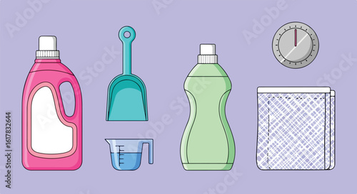 Laundry day essentials arranged neatly on a light purple background, ready for washing clothes and keeping homes clean and fresh