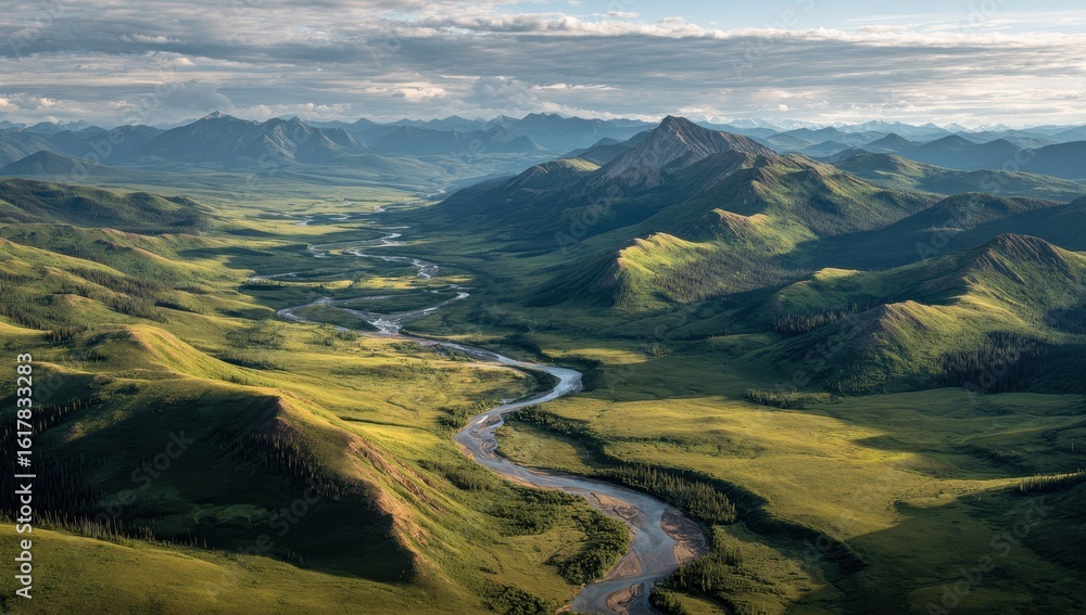 Fototapeta premium High-angle view of winding river valley, lush green hills, and distant mountains