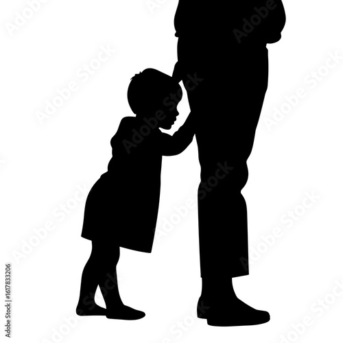 Silhouette image displays a child silhouette clinging to parent's leg, creating poignant family moment. Silhouette of little girl shows childhood dependence and secure attachment.