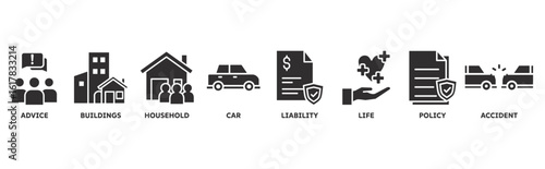 Insurance icon set illustration concept with icon of advice, buildings, household, car, liability, life, policy, accident