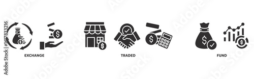 ETF icon set illustration concept with icon of exchange, traded, fund 