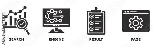 SERP icon set illustration concept with icon of search, engine, result, page