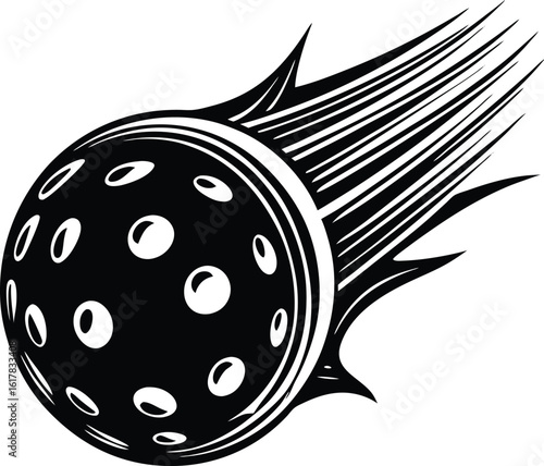 Stylized black and white illustration of a pickleball in motion with a fiery tail isolated on transparent background