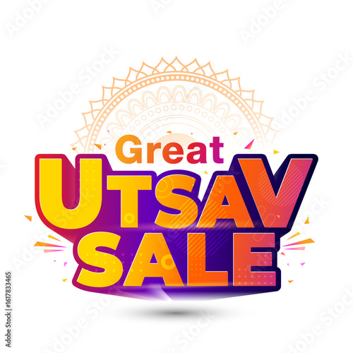 Great Utsav Sale 3d logo with floral design for Indian festival Navratri, Diwali, dhanteras and Ganpati Ganesh Chaturthi.