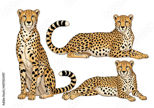 Three majestic leopards walking, two intense close-up leopard head portraits; vector illustration, wildlife, big cats, powerful, elegant, nature, animal, design elements.