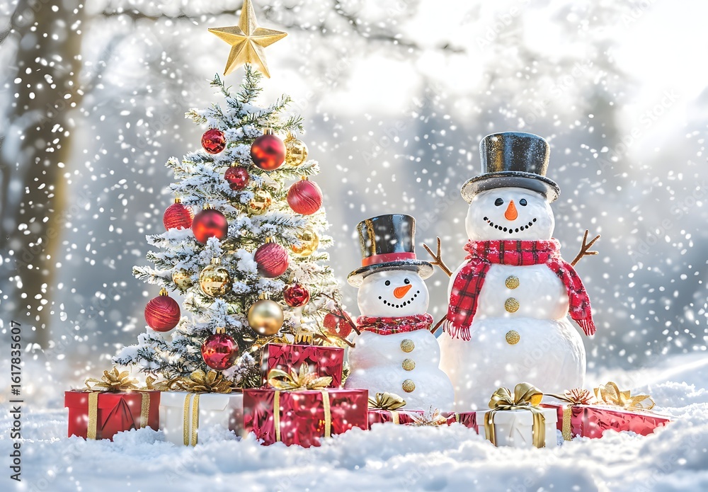 Obraz premium Photo of a snowy winter scene with two snowmen and a Christmas tree surrounded by gifts
