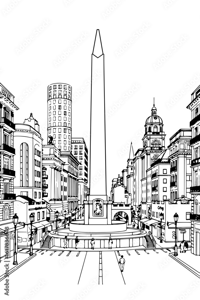 Fototapeta premium Buenos Aires, Argentina black and white coloring page for adults. Latin America city, cityscape, buildings, street, landmarks, monument vector outline doodle sketch for anti stress color book
