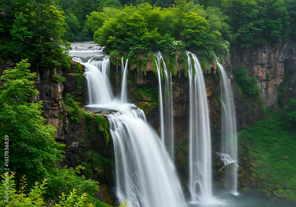 Obraz premium Focus on powerful waterfalls plunging into lush valleys or rocky cliffs. Highlight the motion, mist, and surrounding wild terrain.