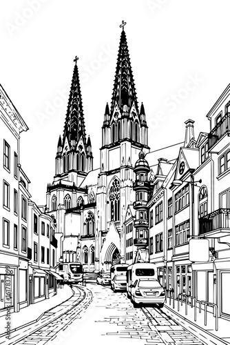 Cologne, Germany black and white coloring page for adults. European city, cityscape, buildings, street, landmarks, cathedral vector outline doodle sketch for anti stress color book