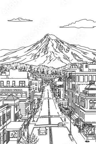 Colorado Springs, Colorado black and white coloring page for adults. USA city, cityscape, buildings, downtown, landmarks vector outline doodle sketch for anti stress color book
