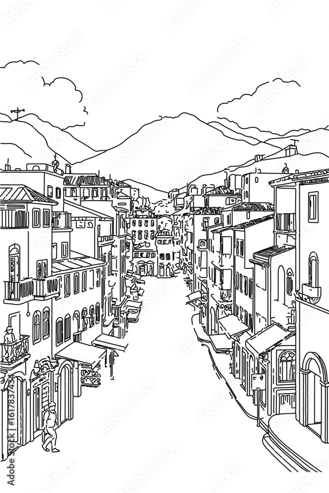 Obraz premium Cusco, Peru black and white coloring page for adults. Latin America city, cityscape, buildings, street, landmarks, cathedral vector outline doodle sketch for anti stress color book