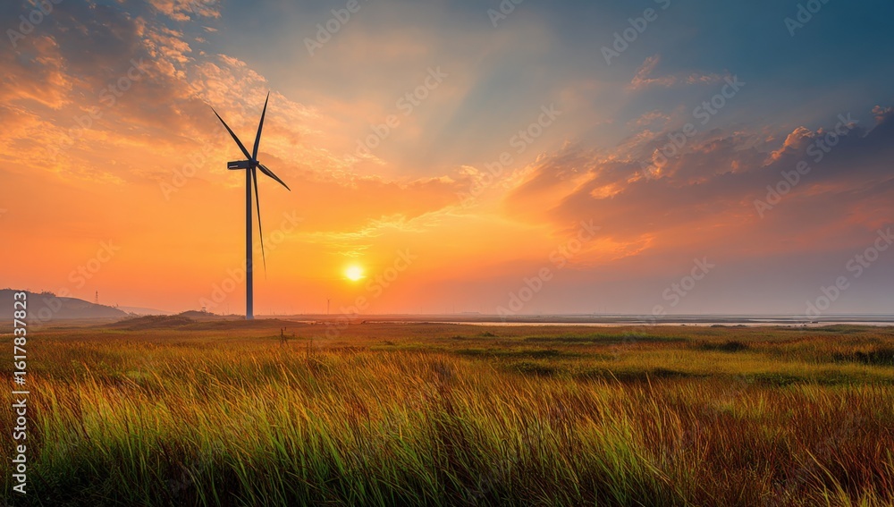Obraz premium Vibrant sunset over open grassland with wind turbine under colorful sky du late evening with dramatic clouds and warm sunlight