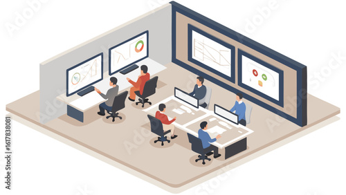 Isometric view of a control room with people working at computers and large display screens showing data