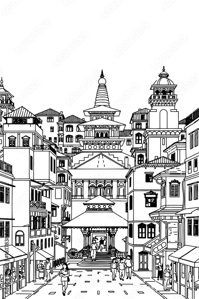Obraz premium Kathmandu, Nepal black and white coloring page for adults. Asia city, cityscape, buildings, street, landmarks, temple vector outline doodle sketch for anti stress color book