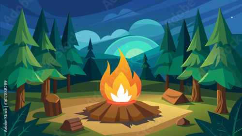 Vector art of a vibrant campfire glows in a dark forest at night, surrounded by pine trees and hints of tents