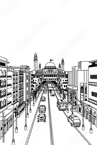 Manama, Bahrein black and white coloring page for adults. Middle East city, cityscape, buildings, street, landmarks, mosque vector outline doodle sketch for anti stress color book