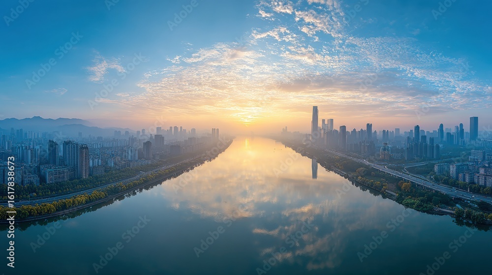 Fototapeta premium Stunning panoramic view of a modern city skyline with high-rise buildings and skyscrapers reflecting in a calm river at sunrise or sunset