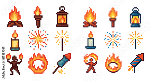 Pixel Fire Icons Grid