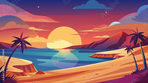 Vector art of a breathtaking sunset over the ocean, with two palm trees framing a beach and islands under a sky ablaze with color