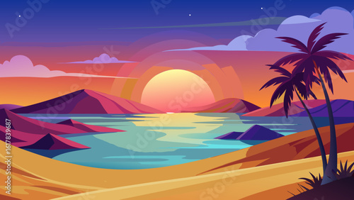 Vector art of golden hour illuminates a tropical beach scene with silhouetted palm trees against a colorful sunset sky