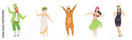 Carnival with People Character Dressed in Masquerade Costume Vector Set