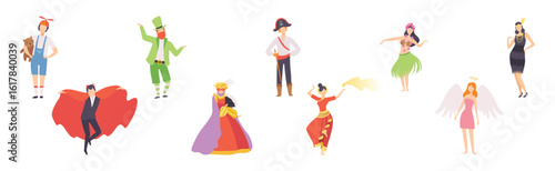 Carnival with People Character Dressed in Masquerade Costume Vector Set