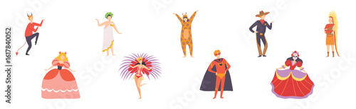 Carnival with People Character Dressed in Masquerade Costume Vector Set