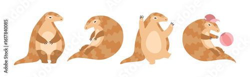 Cute Armadillo Character with Shell in Different Action Vector Set