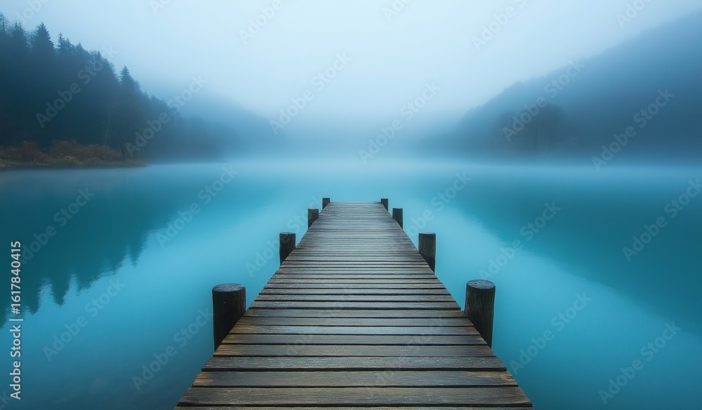 Fototapeta premium A wooden dock extends into the turquoise lake under a misty morning haze, blending serenity with the tranquil beauty of nature's untouched calm