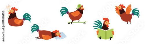 Funny Rooster or Cockerel Character in Different Pose Vector Set