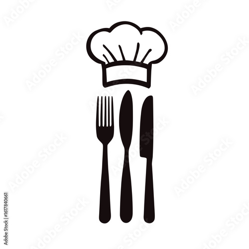 A shining chef's hat rests beside a metal fork and spoon, illustrating a restaurant menu