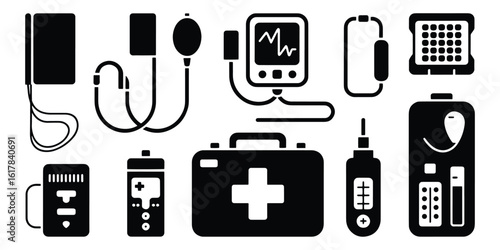 Medical Equipment Icons Set First Aid Kit Heart Rate Monitor