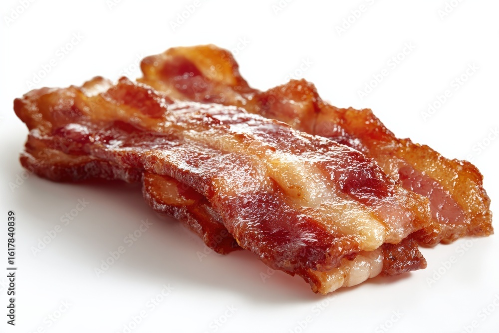 Obraz premium Crispy Strips of Cooked Bacon with Rendered Fat and Salty Flavored Surface Isolated on White Background