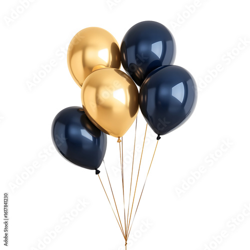 A cluster of shiny gold and deep navy blue balloons tied together with a golden string isolated on transparent background