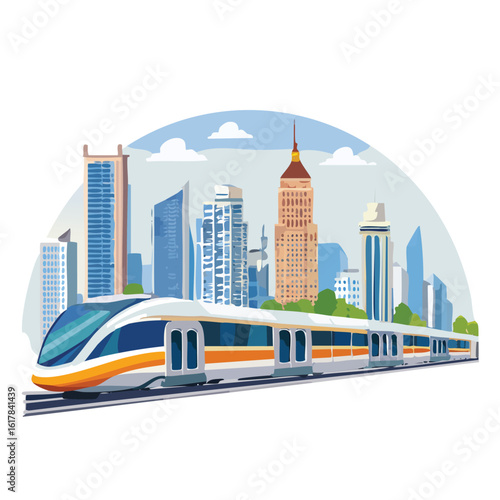 Modern MRT Train Passing Through the City – Urban Mass Rapid Transit System with Townscape Background, Public Transportation Concept, Smart City Mobility, Vector Illustration or Realistic Scene