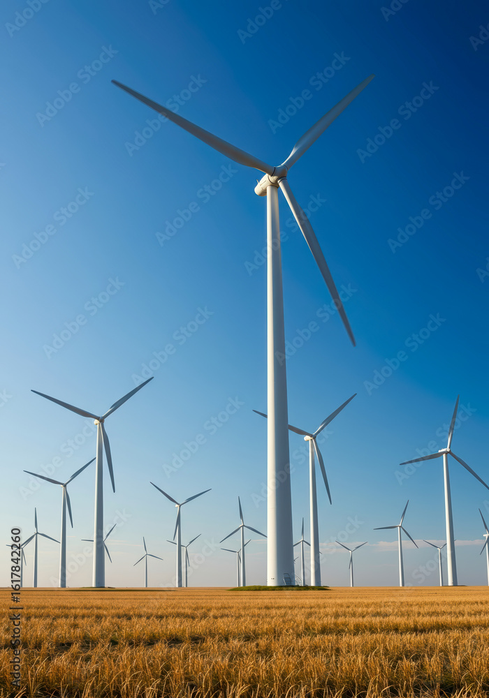 Fototapeta premium Wind Turbines Farm at Sunset Generating Renewable Energy Alternative Power Landscape Clean Electricity Eco Friendly