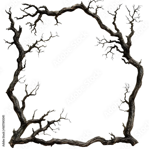 Gnarled and twisted ancient tree branches forming a dark moss covered frame isolated on transparent background