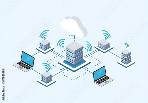 Isometric illustration of cloud computing network with server and laptop for data connection