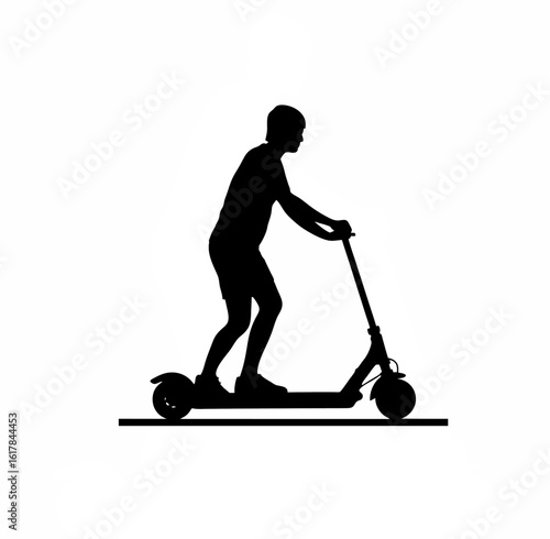 Silhouette of person pushing off curb with scooter on white background