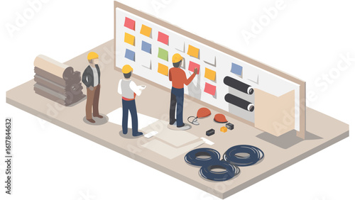 Isometric view of construction workers planning with sticky notes on a project management board