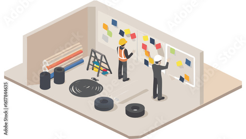 Isometric view of construction workers planning with sticky notes in a storage room setting scenario