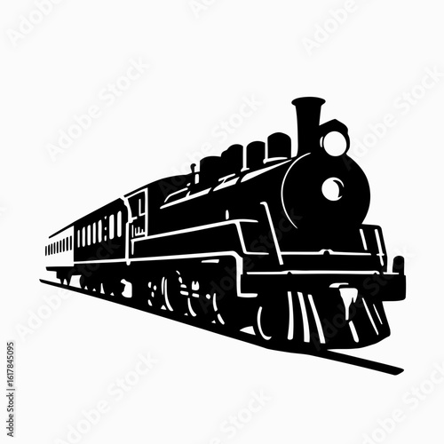 Vintage black steam locomotive on tracks at a railway station, emitting smoke with a powerful, antique presence