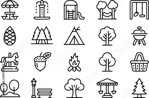 Minimalist Line Icons of Park Elements and Outdoor Activities