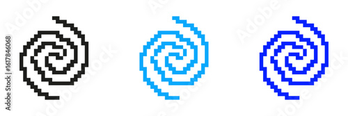 Pixelated Spiral Icon Set. Swirling Motion Symbol in Pixel Art Style. Twisting and Turning Swirl Shape Symbolizing Dynamic Movement. Isolated Vector Illustration