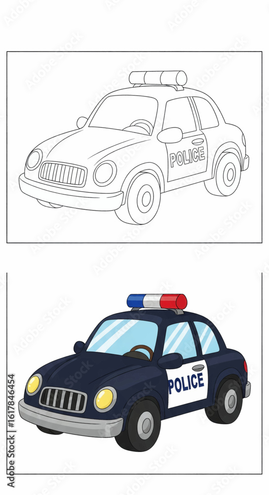 Obraz premium Cartoon Police Car in Color and Outline
